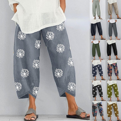 Women Harem Pants Vintage Cotton Linen Elastic Waist Wide Le