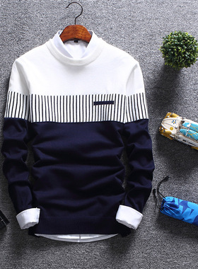 Autumn Men's Pullover Slim Fit Splicing Striped Knitted Swea