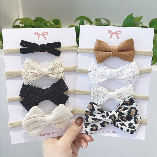 4Pcs/set Cute Cotton Linen Leopard Printed Bowknot solid Hea