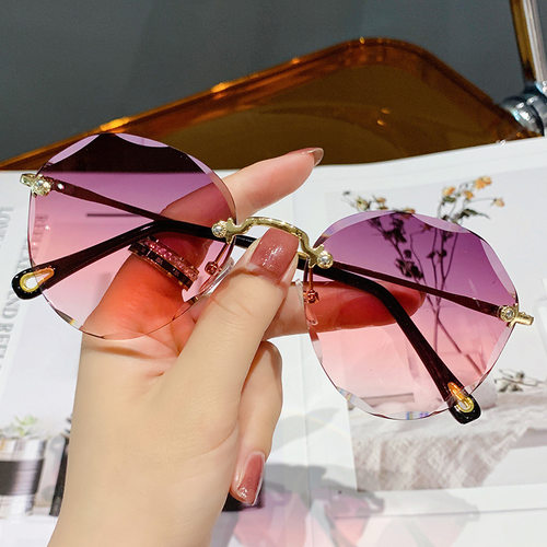 Classic Rimless Round Sunglasses For Women  Sexy Gradient Ov
