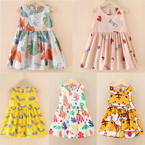 Girls Sleeveless Dress Cotton Kids Princess Dress Casual Sol