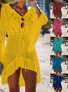 2022 Sexy Crochet Knitted Beach Cover up Tassel Tie Beachwea