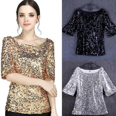 Party Blouse Gold Sequins Shirt Clubwear Half Sleeve Bling L