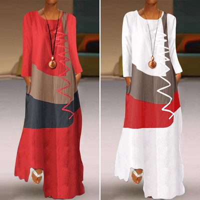 ZANZEA 2022 Womens Autumn Sundress Stitching Maxi Dress Casu