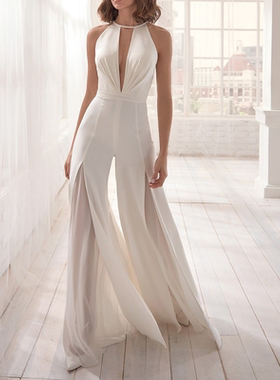 Chiffon Halte Neck Jumpsuit Wedding Dress Elegant White Simp