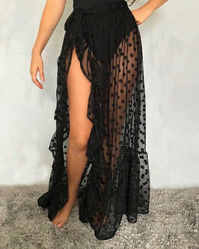 2021 New Hot Summer Women's Mesh Sheer Polka Dot Long Split