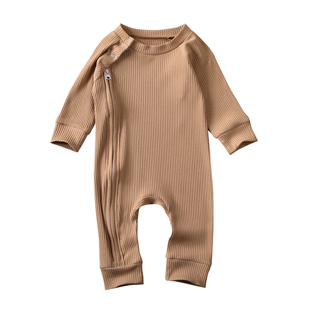 Infant Baby Girl Boy Solid Jumpsuit Long Sleeve Zipper Butto