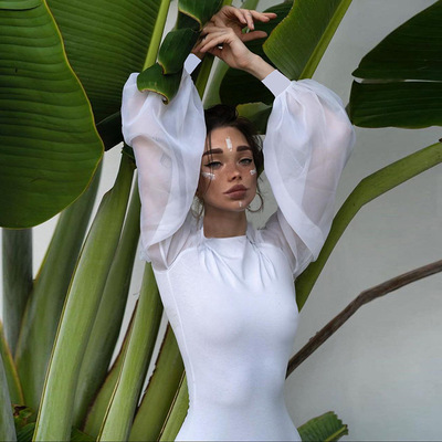Yimunancy Mesh Patchwork Long Sleeve Bodysuit Women Puff Sle