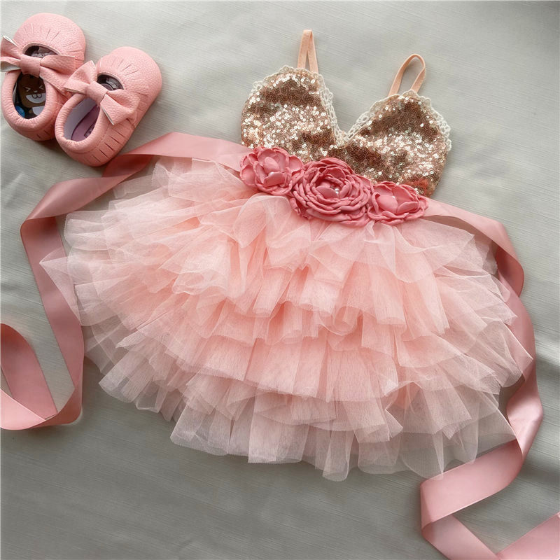 Shinny flower girls dress for kids with belt toddle party go