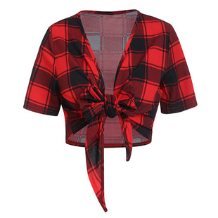 Plaid Goth Bandage Knot Bow Blouses Sleeve Short Women