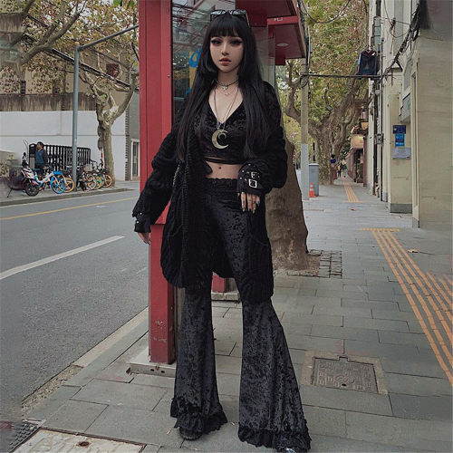 Sexy Fashion Patchwork Lace Solid Flare Pants Women Gothic D