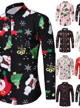 Men Long Sleeve Shirt Christmas Shirt Banquet Holiday Printe