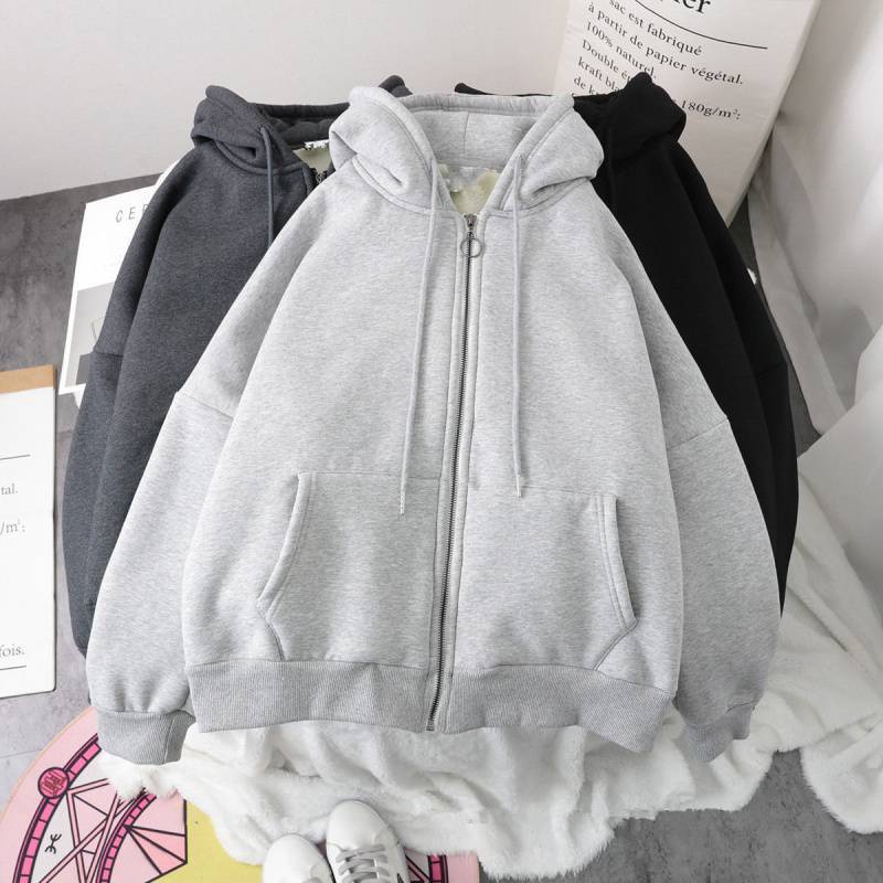 Solid Oversized Hoodie Zipper Woman Clothes Winter Plus Velv