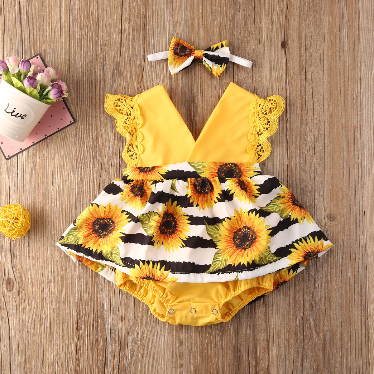 Newborn Baby Girl Clothes Lace Ruffle Sunflower Print Romper