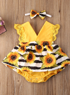 Newborn Baby Girl Clothes Lace Ruffle Sunflower Print Romper