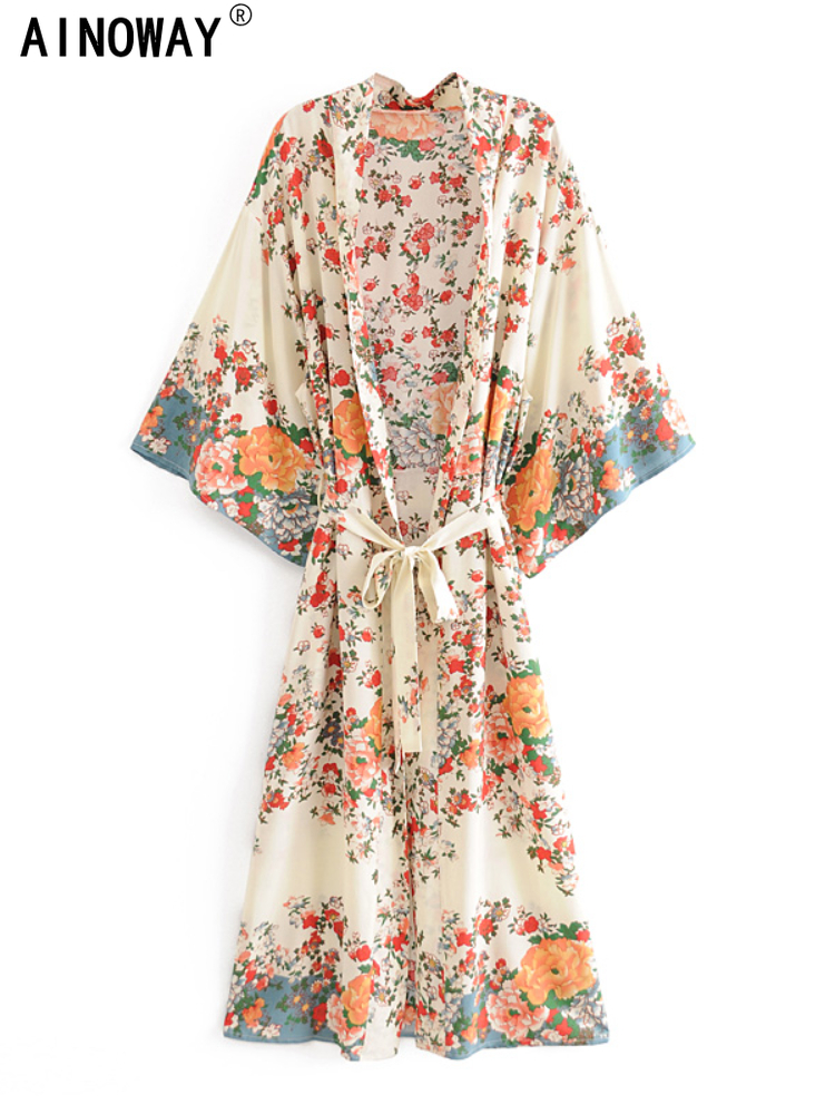 Vintage Chic Women Multi Floral Print Rayon Sashes Bohemian