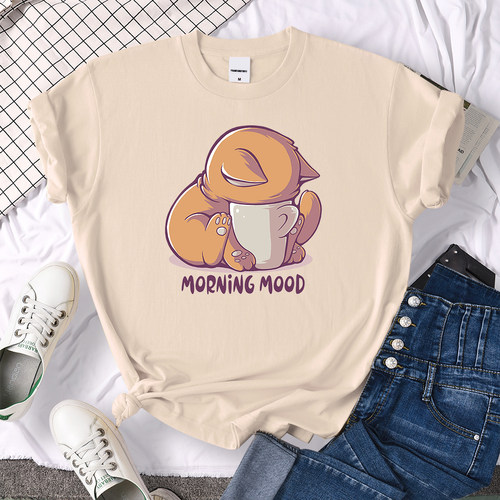 T-Shirts Cat Is Looking At The Cup Lovely Printed T Shirt Fo