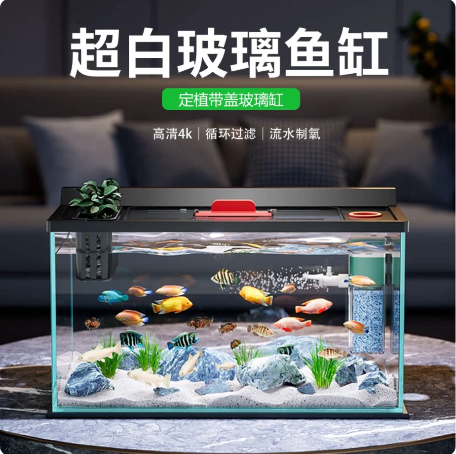 金晶超白玻璃鱼缸过滤制氧一体机小型客厅造景全套金鱼缸