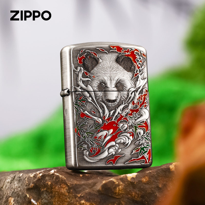 正品zippo打火机 熊猫盔甲熏银原装正版煤油芝宝防风创意之宝男士