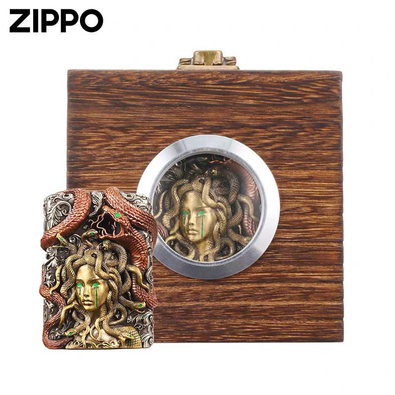 zippo打火机原装正品美杜莎夜光套壳限量男士防风煤油版紫铜镶嵌