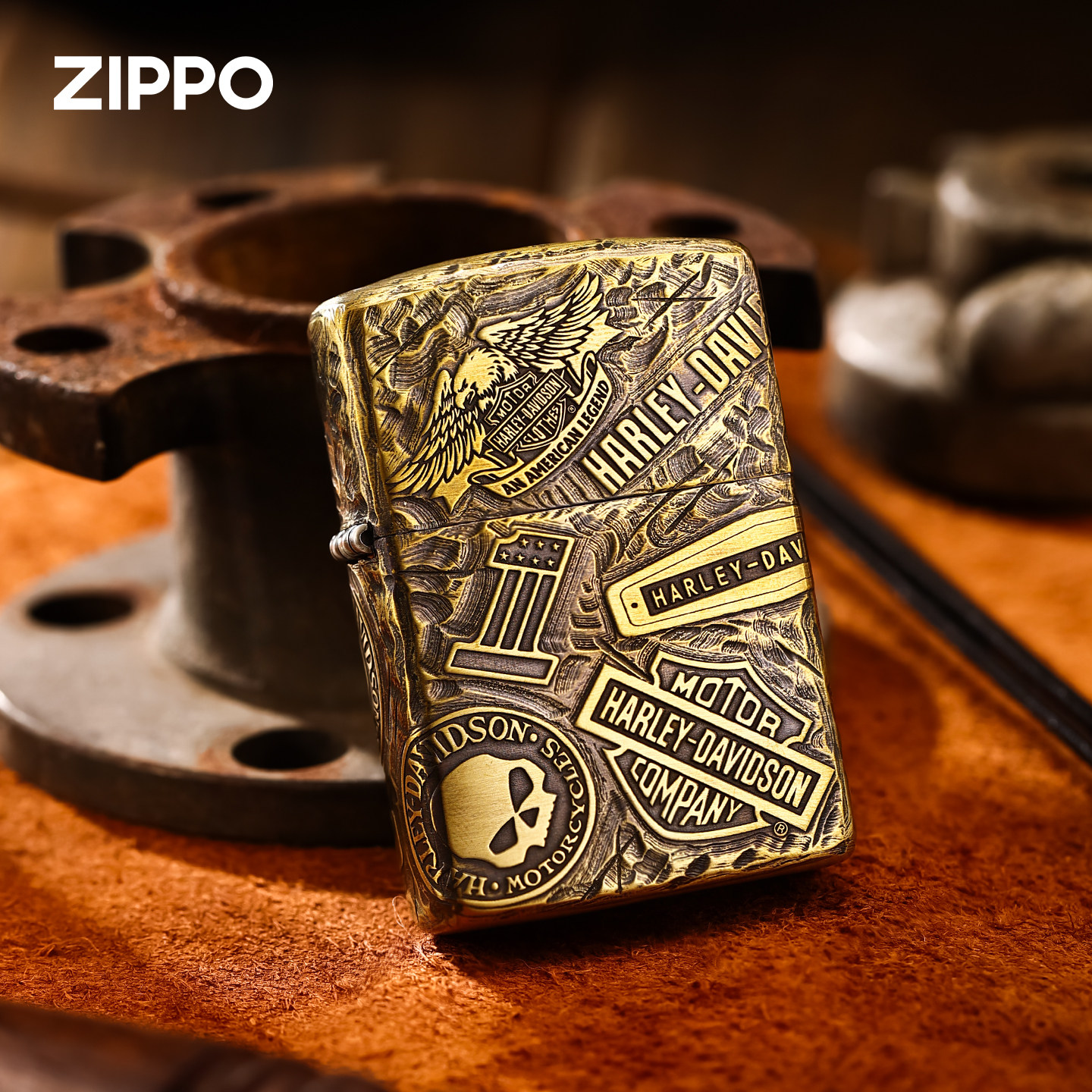zippo打火机原装正品黄铜盔甲哈雷十一章千语版本手雕煤油防风礼