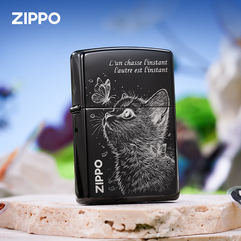 zippo打火机原装正品黑冰仰望猫咪蝴蝶猫咪单面煤油防风男女礼物