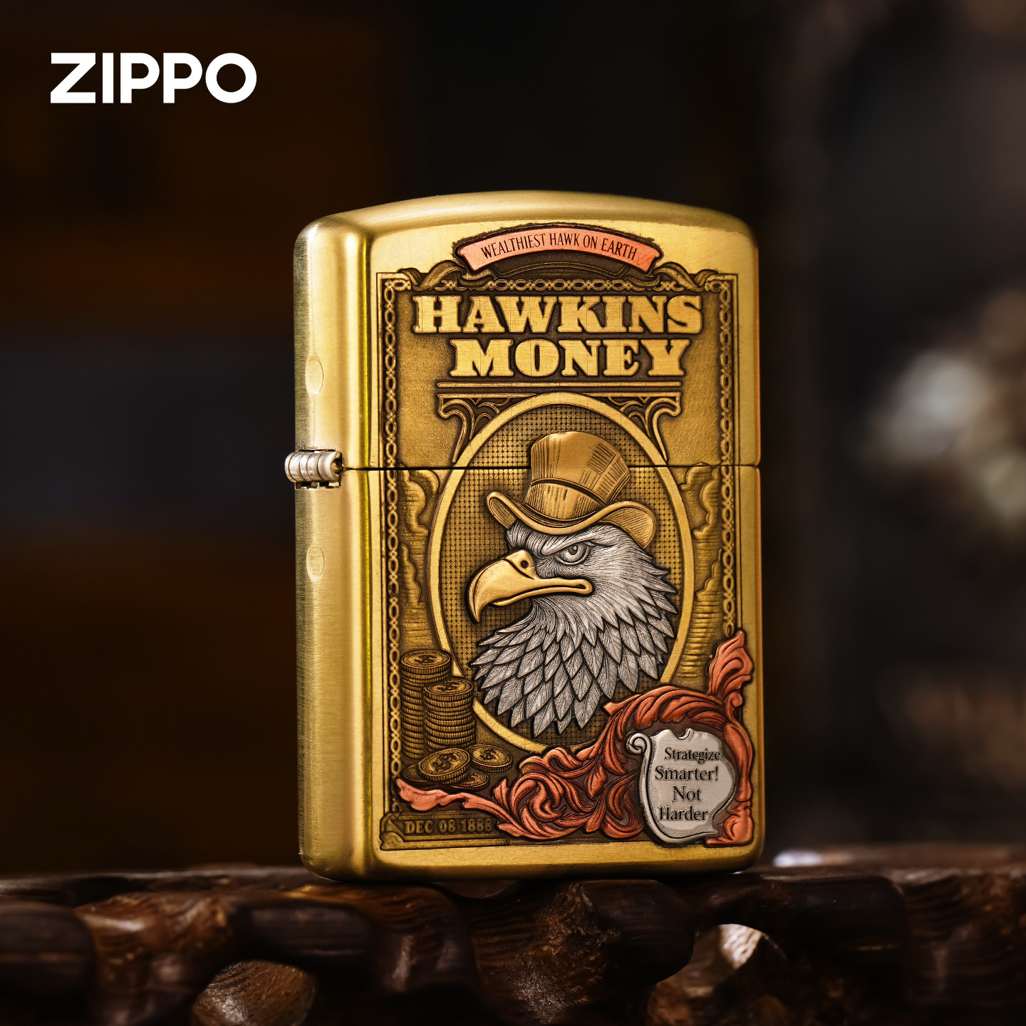 zippo打火机原装正品暴富鹰黄铜盔甲镶嵌双面浮雕煤油防风男女礼