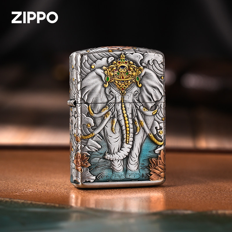 zippo打火机原装正品熏银鎏金如意神象胡桃木盒包装煤油六牙象王