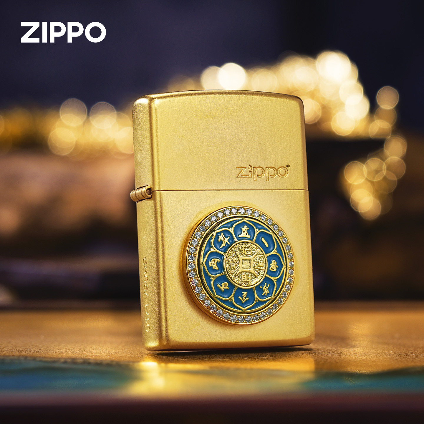 zippo打火机原装正品镀金贴章镶钻招财进宝把玩旋转煤油防风男女
