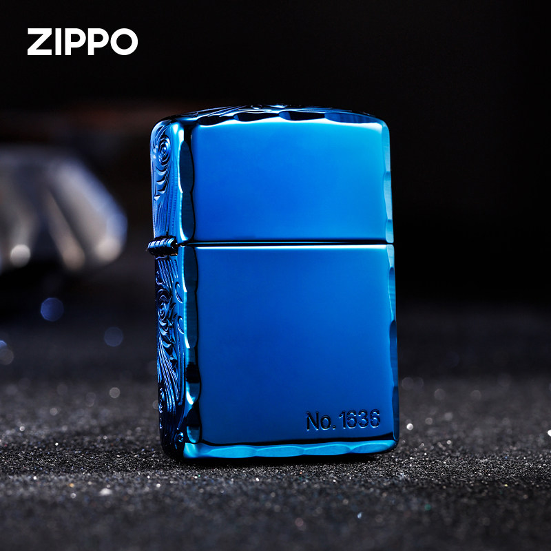 zippo打火机原装正品蓝钛盔甲咬边手雕唐草限量煤油防风男士礼物