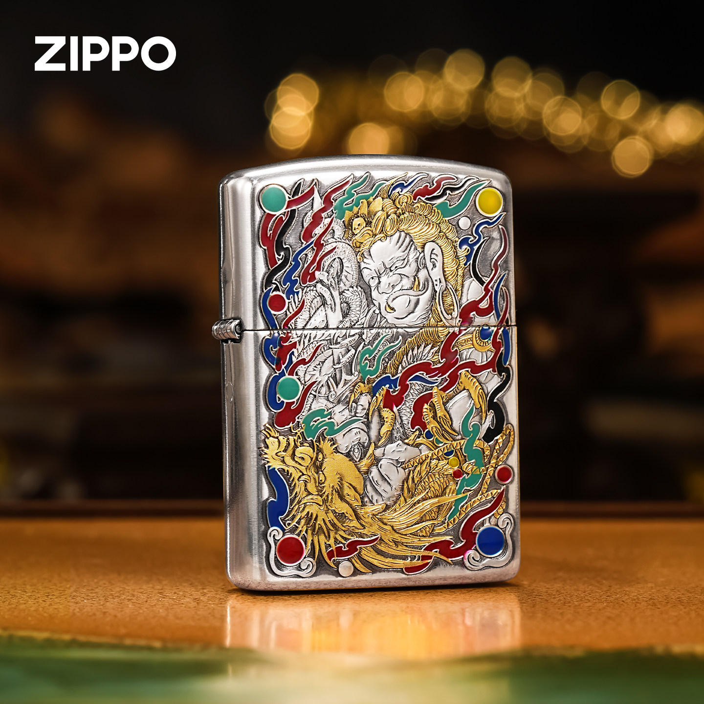 zippo打火机原装正品不动明王盔甲双色浮雕镀银鎏金煤油防风男女