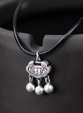 925纯银喜字小锁包精致女锁骨链项链复古风铃铛吊坠短款简约饰品