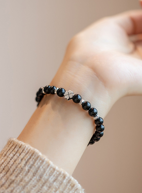 天然水晶黑碧玺手链女生手串简约素串手链轻奢小众精致闺蜜手饰品