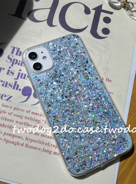 13pro奢华浅蓝银色细闪彩亮片手机壳11/12滴胶软壳iPhone7pxr潮14闪粉亮片16PM淡蓝色
