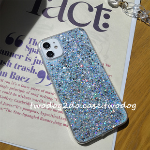 13pro奢华浅蓝银色细闪彩亮片手机壳11 12滴胶软壳iPhone7pxr潮14闪粉亮片16PM淡蓝色