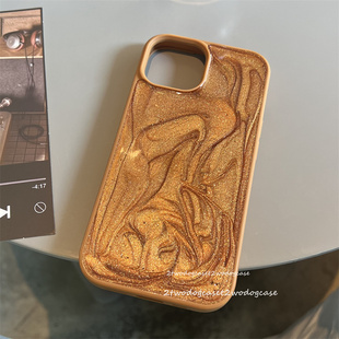 沙漠金闪闪金棕色滴胶16promax手机壳适用苹果11/12/13/14pro奢华晕染立体蝴蝶结磁吸支架创意新款搭配15pro