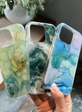 墨绿色清新细闪渐变蓝绿16promax手机壳大理石晕染水墨15pro/14P光滑手机壳透明边框保护壳13新款闪粉亮面