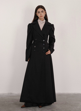 乌合 黑色复古双排扣长款掐腰通勤气质风衣外套
