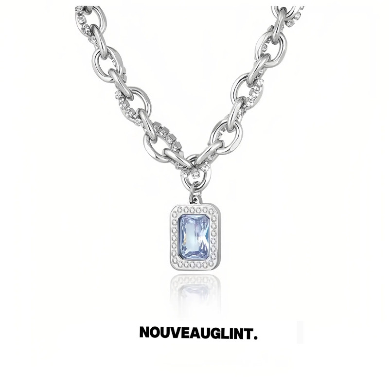 NG蓝宝石镶钻吊坠钛钢项链女款轻奢小众高级感锁骨链男士长款配饰