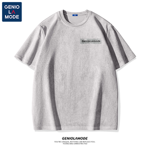 GENIOLAMODE银灰色高级感t恤男重磅300g短袖夏季美式麂皮绒五分袖