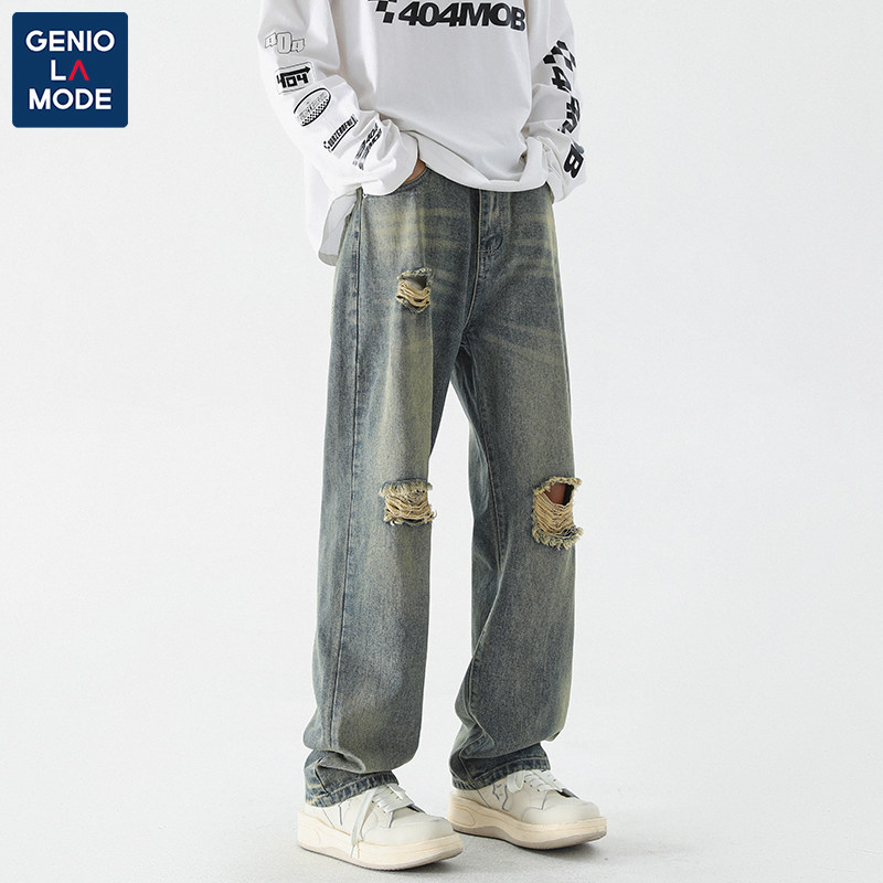 GENIOLAMODE RIPPED BEGGAR JEANS MENS STRAIGHT LEG SUMMER THIN VINTAGE HIGH STREET PANTS
