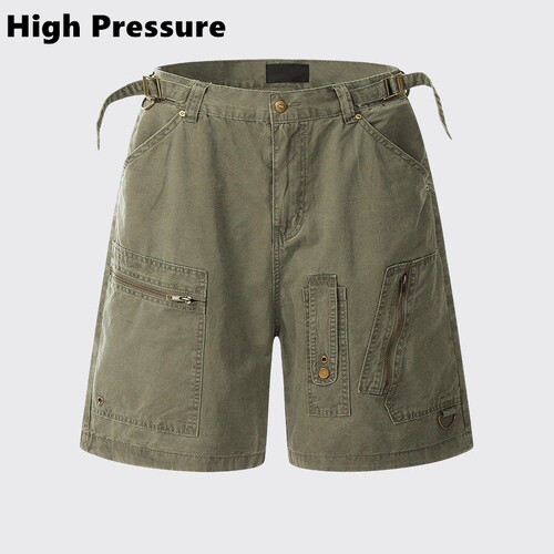 High Pressure解构多口袋拉链五分工装牛仔短裤男夏季可调腰中裤