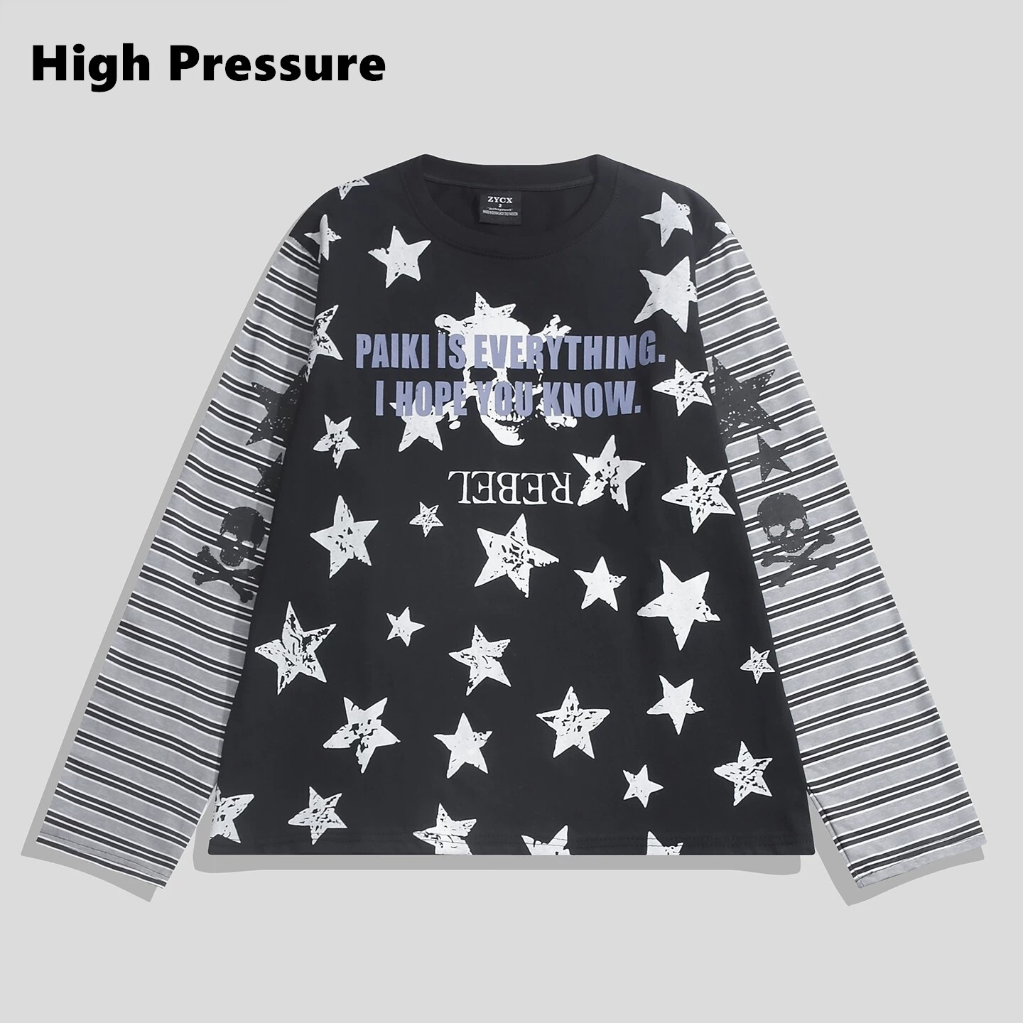 High Pressure星骸骨语条纹骷髅星星长袖轻长袖打底衫街头长t恤