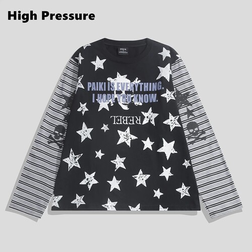 High Pressure星骸骨语条纹骷髅星星长袖轻长袖打底衫街头长t恤