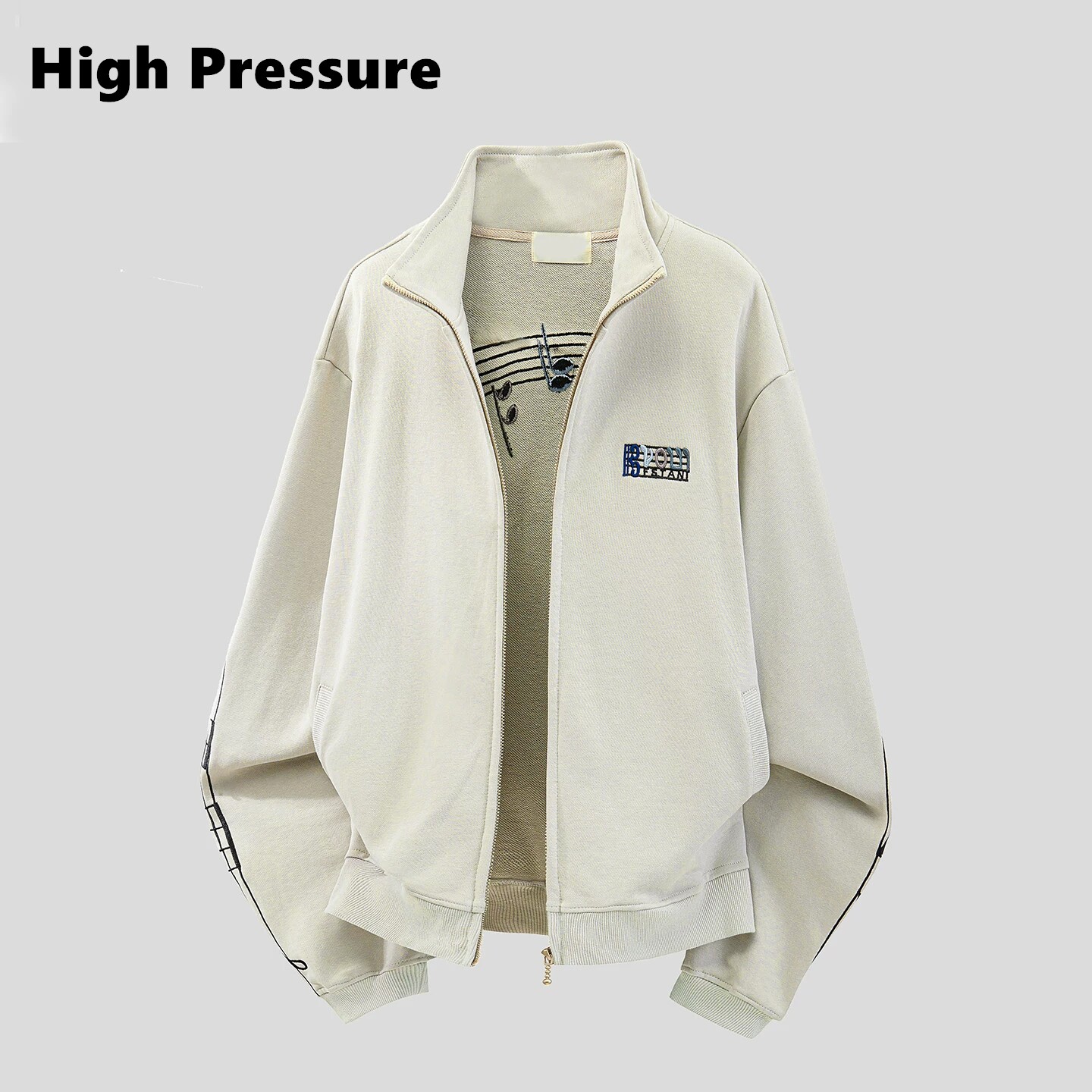 High Pressure美式街头立领音符印绣花拉链夹克宽松休闲开衫外套