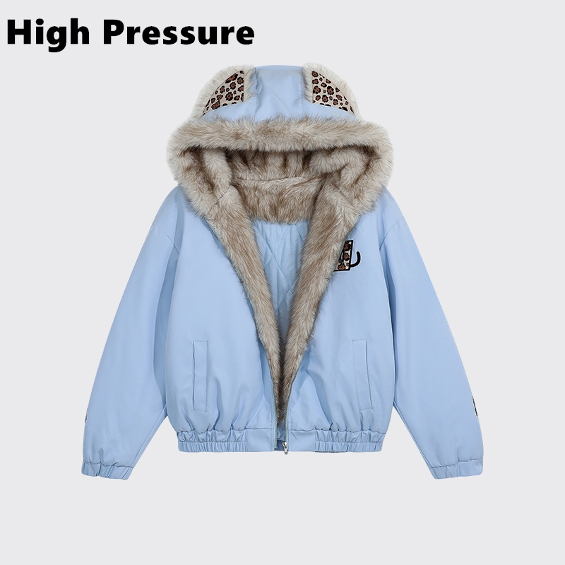 High Pressure复古豹纹猫爪刺绣毛领连帽男女冬新款情侣加绒棉服