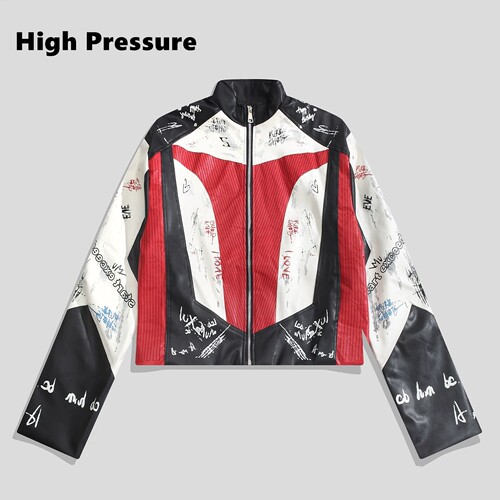 High Pressure美式复古通勤撞色拼接短款外套机车风拉链夹克皮衣