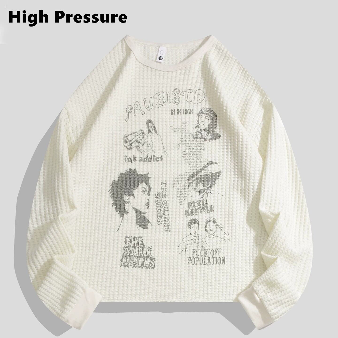 High Pressure美式复古人像印花水洗做旧长袖T恤男秋季华夫格卫衣