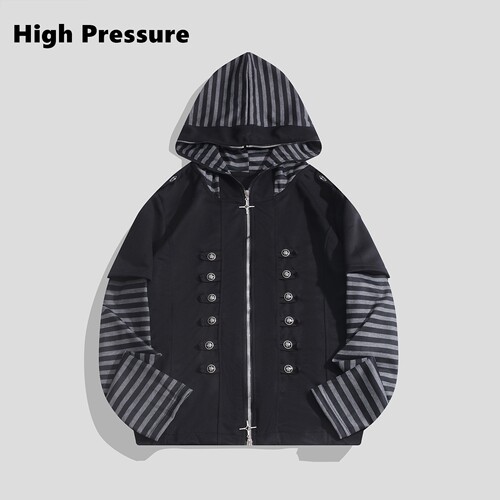 High Pressure美式复古通勤复古宫廷风设计感连帽卫衣条纹外套