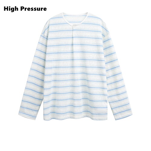 High Pressure松弛小清新蓝白条纹亨利领T恤薄款慵懒氛围感长袖